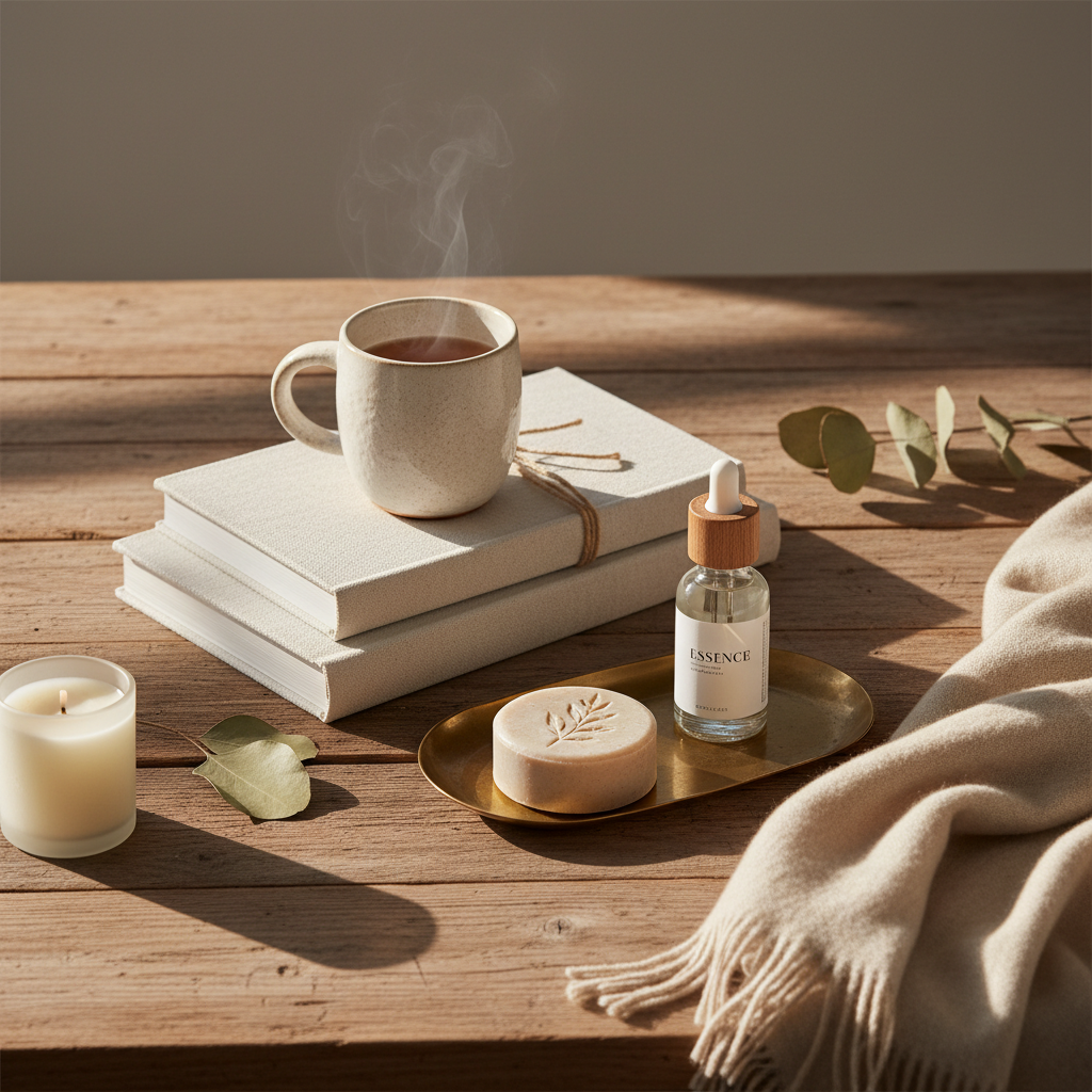 sunlit wooden table with assorted lifestyle products and gentle natural shadows